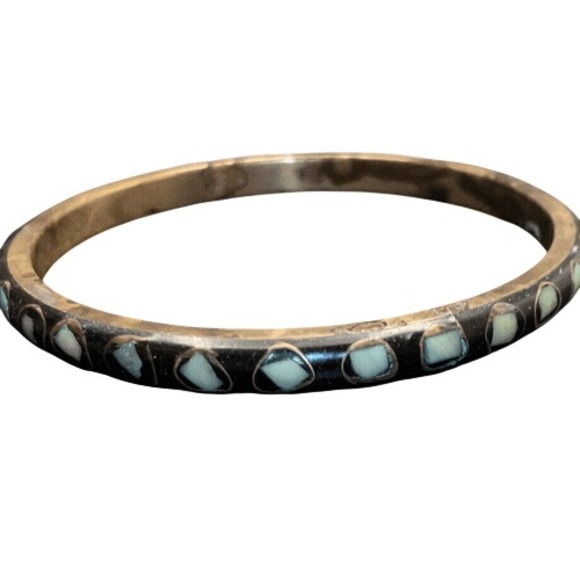 Vintage Womens 4mm Bangle Bracelet Solid Brass Inlay Colored Stones Gold Black - Picture 2 of 4